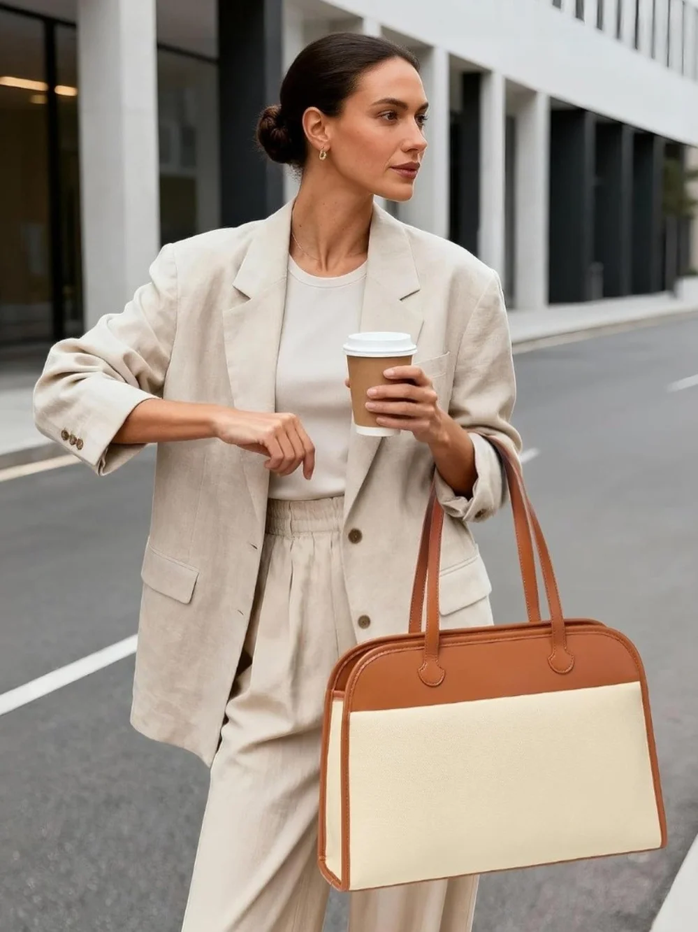 Canvas & Leather Tan/Beige Brief Tote - Men